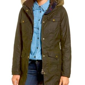 Barbour Size 4 Ashbridge Hooded Waxed Canvas Jacket with Faux Fur Trim